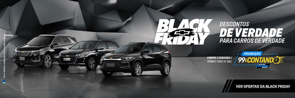 Três SUVs Chevrolet pretos em um showroom com texto promocional da Black Friday oferecendo descontos reais em carros reais