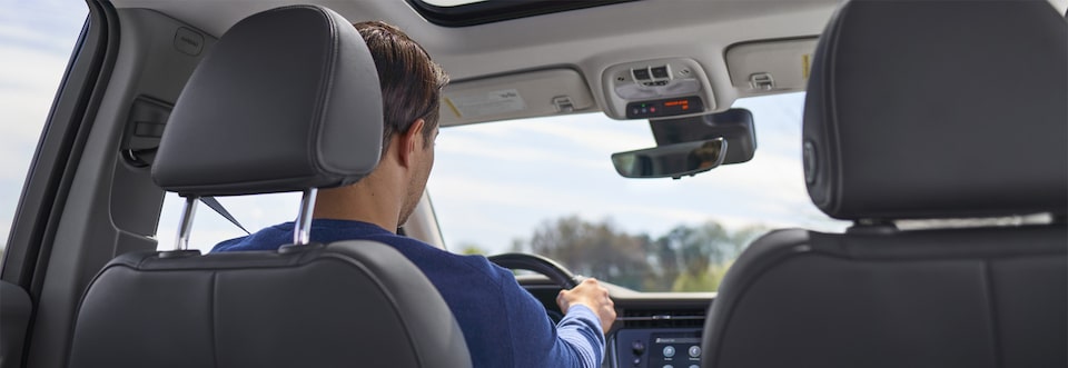 Visão do banco de trás do carro mostrando um motorista com as mãos no volante, dirigindo em uma estrada com árvores ao fundo.