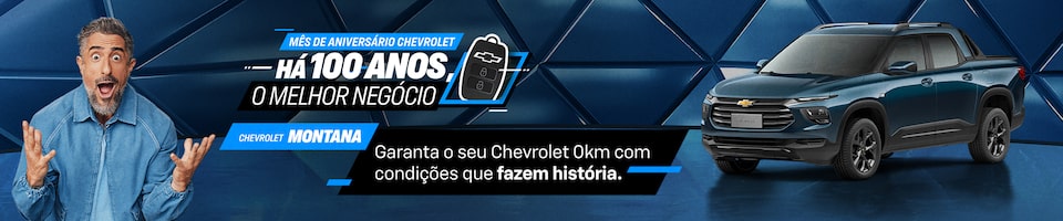 Homem com uma expressão de surpresa à esquerda, Chevrolet Montana à direita e texto promocional sobre o carro e um século de história da Chevrolet no centro.