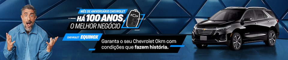 Homem com uma expressão de surpresa à esquerda, Chevrolet Equinox à direita e texto promocional sobre o carro e um século de história da Chevrolet no centro.