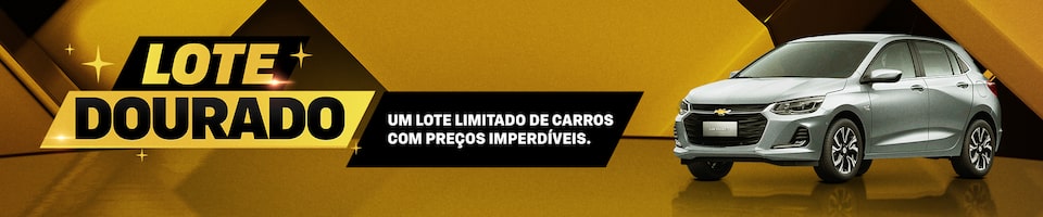 Banner divulgando "Lote Dourado" com carro prateado à direita e fundo geométrico dourado. O texto no centro diz: "Um lote limitado de carros com preços imperdíveis. Clique e descubra.