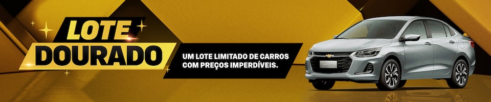 Banner divulgando "Lote Dourado" com carro prateado à direita e fundo geométrico dourado. O texto no centro diz: "Um lote limitado de carros com preços imperdíveis. Clique e descubra.