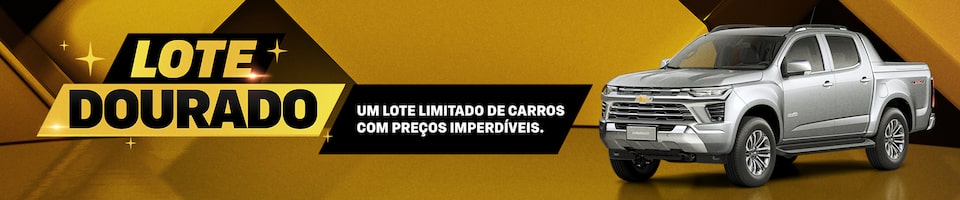 Banner divulgando Lote Dourado com carro prateado à direita e fundo geométrico dourado. O texto no centro diz: Um lote limitado de carros com preços imperdíveis. Clique e descubra.