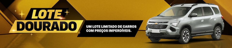 Banner divulgando "Lote Dourado" com carro prateado à direita e fundo geométrico dourado. O texto no centro diz: "Um lote limitado de carros com preços imperdíveis. Clique e descubra.