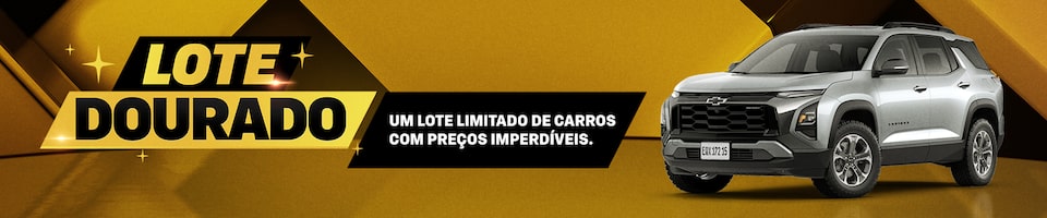 Banner divulgando "Lote Dourado" com carro prateado à direita e fundo geométrico dourado. O texto no centro diz: "Um lote limitado de carros com preços imperdíveis. Clique e descubra.