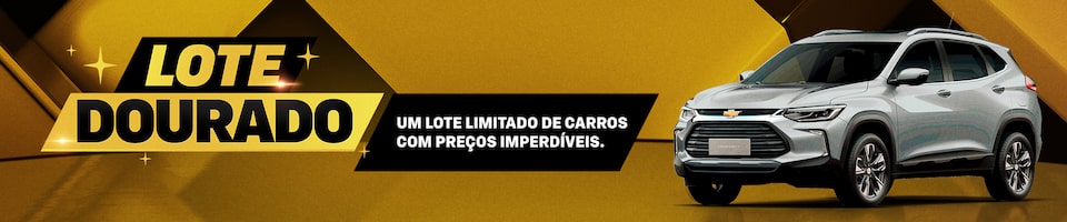 Banner divulgando "Lote Dourado" com carro prateado à direita e fundo geométrico dourado. O texto no centro diz: "Um lote limitado de carros com preços imperdíveis. Clique e descubra.