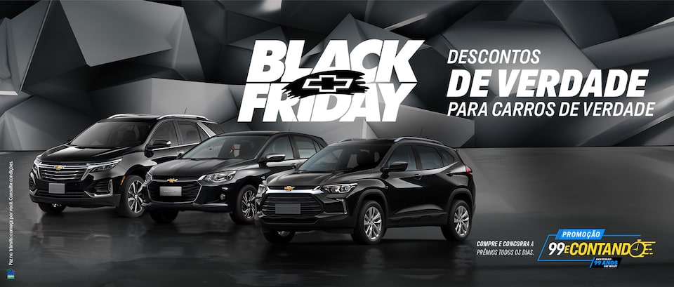 Três SUVs Chevrolet pretos em um showroom com texto promocional da Black Friday oferecendo descontos reais em carros reais.