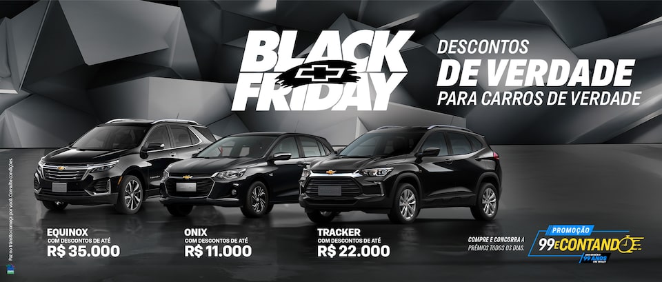 Três carros Chevrolet pretos são apresentados com descontos na Black Friday: Equinox por R$ 35 mil, Onix por R$ 11 mil e Tracker por R$ 22 mil. Texto em destaque destaca ofertas promocionais.