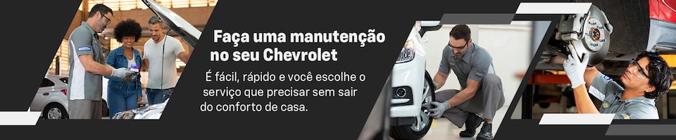 Banner mostrando mecânicos inspecionando o motor de um carro e segurando um pneu. O texto oferece serviços de manutenção Chevrolet.