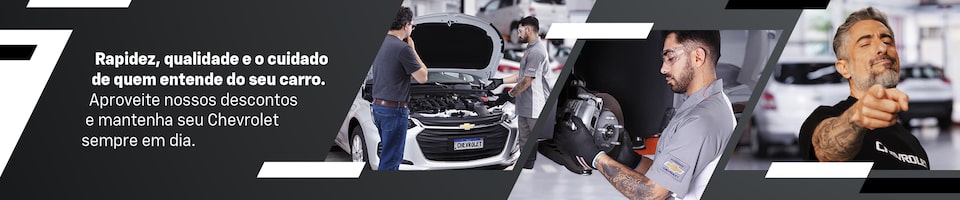 Banner mostrando mecânicos inspecionando o motor de um carro e segurando um pneu. O texto oferece descontos e serviços de manutenção Chevrolet.