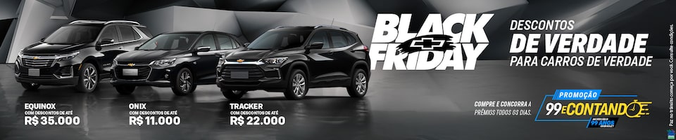 Três carros Chevrolet pretos são apresentados com descontos na Black Friday: Equinox por R$ 35 mil, Onix por R$ 11 mil e Tracker por R$ 22 mil. Texto em destaque destaca ofertas promocionais.