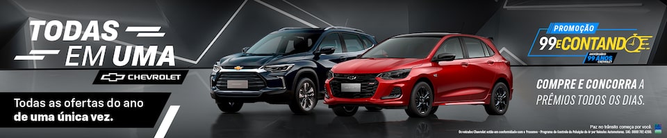 Dois carros Chevrolet um preto e vermelho lado a lado com um texto promocional destacando oferta especial e chance de ganhar prêmios.